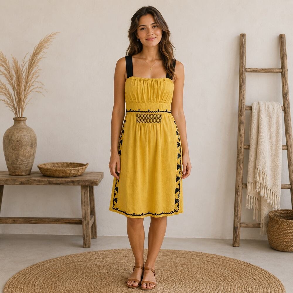 Floreat Mustard Yellow Black Embroidered California Iris Dress 6